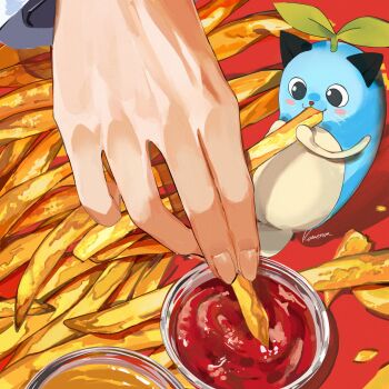 1boy absurdres close-up commentary food french_fries hand_focus highres holding holding_food ketchup kome_non leos_vincent leos_vincent_(1st_costume) long_sleeves male_focus mameneko_(leos_vincent) nijisanji solo symbol-only_commentary virtual_youtuber