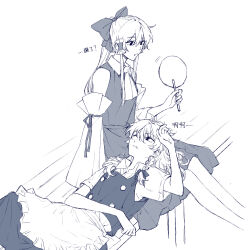 Rule 34 | 2girls, apron, ascot, bow, braid, chinese text, commentary, detached sleeves, frilled hair tubes, frills, hair bow, hair tubes, hakurei reimu, hand fan, hitte5416, holding, holding fan, kirisame marisa, lap pillow, long hair, multiple girls, no headwear, one eye closed, open mouth, short sleeves, side braid, single braid, sitting, skirt, touhou, translation request, vest, waist apron