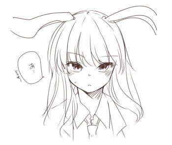 Rule 34 | 1girl, animal ears, blush, collared shirt, commentary request, greyscale, jacket, looking at viewer, miyo (ranthath), monochrome, open clothes, open jacket, open mouth, rabbit ears, rabbit girl, reisen udongein inaba, shirt, solo, speech bubble, sweatdrop, touhou