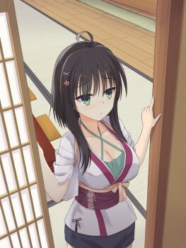 Rule 34 | 1girl, absurdres, ahoge, architecture, black hair, black skirt, blunt ends, breasts, casual, cleavage, closed mouth, collarbone, commentary request, cowboy shot, criss-cross halter, east asian architecture, eyes visible through hair, frown, furrowed brow, green eyes, green shirt, hair between eyes, hair ornament, hairclip, halterneck, hands up, highres, hitachi mako, indoors, japanese clothes, kimono, large breasts, official alternate costume, senren banka, shirayamakoma, shirt, short hair with long locks, shouji, skirt, sliding doors, solo, straight hair, tatami, tsurime, white kimono, wooden floor, x hair ornament