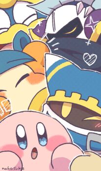 Rule 34 | bandana, bandana waddle dee, black cape, blue bandana, blue eyes, blue hat, blush, cape, commentary request, hat, heart, king dedede, kirby, kirby (series), magolor, mask, meta knight, nintendo, no humans, one eye closed, open mouth, roku (rokkrn)