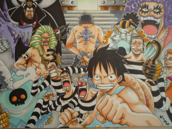6+boys amputee armband axe bentham black_hair blue_hair blue_skin blugori bon_clay brothers brown_hair buggy_the_clown chain chained cigar clenched_hand clenched_hands clenched_teeth colored_pencil_(medium) colored_skin crocodile_(one_piece) cuffs emporio_ivankov facial_mark galdino glasses handcuffed handcuffs hannyabal_(one_piece) hat highres hook hook_hand horns impel_down inazuma_(one_piece) jewelry jinbe_(one_piece) lipstick lovepanda0420 magellan_(one_piece) makeup male_focus marker_(medium) monkey_d._luffy monster_boy multicolored_hair multiple_boys necklace one_piece open_mouth orange_hair polearm portgas_d._ace prison_clothes prisoner purple_hair scar sharp_teeth shirt siblings skull smoking stairs straw_hat striped_clothes striped_shirt sunglasses tattoo teeth traditional_media trident tusks two-tone_hair uniform weapon white_hair