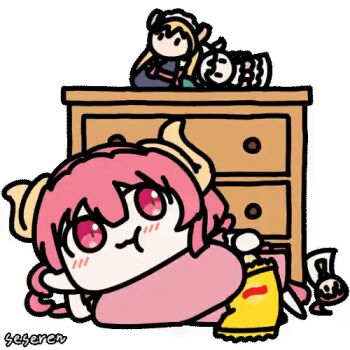 1girl animated animated_gif chewing chips_(food) doll dragon_horns eating food horns ilulu_(maidragon) kanna_kamui kobayashi-san_chi_no_maidragon kobayashi_(maidragon) lowres seseren tohru_(maidragon)