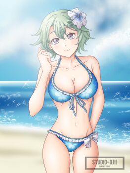 1girl absurdres artist_name beach bikini blue_bikini blue_sky blush breasts cleavage commentary eiyuu_densetsu english_commentary gabbu_ojii green_hair hair_between_eyes hair_ornament highres light_smile looking_at_viewer medium_breasts musse_egret ocean sen_no_kiseki sen_no_kiseki_(series) sen_no_kiseki_iii short_hair sky swimsuit