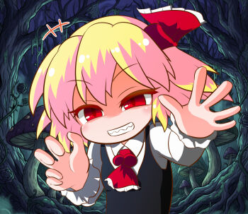 +++ 1girl ascot black_vest blonde_hair breasts collared_shirt commentary_request flower forest frilled_ascot frilled_ribbon frilled_sleeves frills grin hair_ribbon hands_up kajiya_no_masa mushroom nature night no_nose one-hour_drawing_challenge open_mouth outdoors outstretched_hand raised_eyebrows red_ascot red_eyes red_ribbon ribbon rose rumia sharp_teeth shirt short_hair small_breasts smile solo teeth touhou tree upper_body v-shaped_eyebrows vest white_shirt