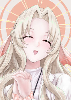 1girl :d ^_^ blonde_hair braid closed_eyes commentary_request curtained_hair facing_viewer half_up_braid highres jiai_chiyu kimi_no_koto_ga_dai_dai_dai_dai_daisuki_na_100-nin_no_kanojo long_hair long_sleeves open_mouth own_hands_clasped own_hands_together portrait smile solo tomohiro_(tomohiro_r36aby) veil