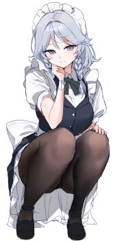 Rule 34 | 1girl, absurdres, black pantyhose, black shoes, black skirt, black vest, braid, buttons, closed mouth, collared shirt, full body, green ribbon, grey eyes, grey hair, hand on own cheek, hand on own face, highres, izayoi sakuya, loafers, looking at viewer, maid headdress, medium hair, neck ribbon, pantyhose, puffy short sleeves, puffy sleeves, ribbon, sarukana, shirt, shoes, short sleeves, side braids, simple background, skirt, smile, solo, squatting, touhou, twin braids, vest, white background, white shirt, wrist cuffs