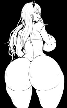 1girl ass black_background bottomless breasts chainsaw_man crop_top demon_girl demon_horns devil_girl dimples_of_venus highres horns huge_ass huge_breasts long_hair looking_at_viewer looking_back narrow_waist power_(chainsaw_man) sharp_teeth short_sleeves sideboob smile solo teeth thecon thick_thighs thighs underboob wide_hips