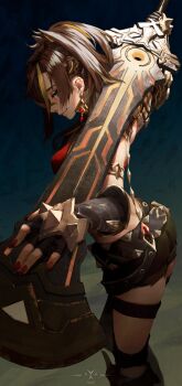 1girl absurdres armlet artist_name ass asymmetrical_clothes bandeau beacon_of_the_reed_sea_(genshin_impact) black_gloves blonde_hair blue_eyes breasts brown_hair closed_mouth commentary dehya_(genshin_impact) earrings english_commentary feet_out_of_frame fingerless_gloves from_side genshin_impact gloves greatsword hand_on_blade highres holding holding_sword holding_weapon jewelry large_breasts light_smile long_hair multicolored_hair nail_polish over_shoulder red_bandeau red_nails simple_background single_pantsleg solo streaked_hair sword tagcaat thigh_strap weapon weapon_over_shoulder