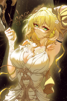 1girl absurdres aglaea_(honkai:_star_rail) ancient_greek_clothes arm_up armpits blonde_hair breast_tattoo breasts character_name cleavage commentary_request dress flower gold_tattoo greco-roman_clothes green_eyes hair_flower hair_ornament highres honkai:_star_rail honkai_(series) korean_commentary large_breasts laurel_crown minpyeong solo tattoo thread white_dress