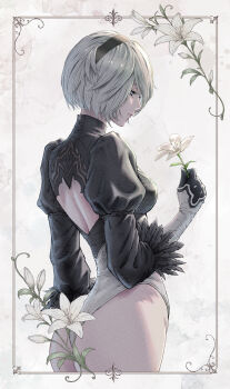 1girl 2b_(nier:automata) ass back_cutout black_hairband black_leotard clothing_cutout feather-trimmed_sleeves flower gloves hairband highleg highleg_leotard highres holding holding_flower juliet_sleeves leotard long_sleeves multicolored_leotard nier:automata nier_(series) no_blindfold profile puffy_sleeves short_hair solo tomozoo83 two-tone_leotard white_hair white_leotard