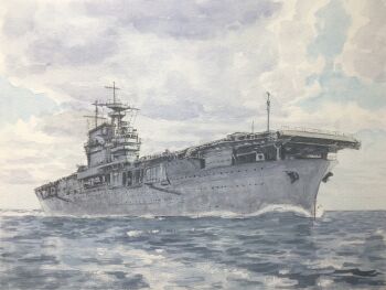aircraft_carrier atelier_bono blue_sky cloud cloudy_sky commentary_request highres mast military_vehicle no_humans ocean original painting_(medium) sailing ship sky traditional_media united_states_navy uss_yorktown_(cv-5) vehicle_focus warship watercolor_(medium) watercraft waves