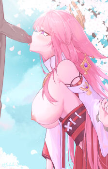 1girl 2boys animal_ears bare_shoulders breasts detached_sleeves dress earrings exdust fellatio fox_ears fox_girl genshin_impact hand_on_another's_head highres jewelry large_breasts long_hair multiple_boys oral penis pink_hair purple_eyes rape white_dress yae_miko