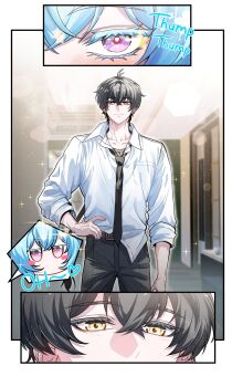 1boy 1girl absurdres belt black_hair black_necktie black_pants blue_hair blush brown_belt chibi chibi_inset closed_mouth collarbone colored_eyelashes commentary hair_between_eyes hand_on_own_hip highres indoors male_rover_(wuthering_waves) necktie official_alternate_costume pants purple_eyes revision rover_(wuthering_waves) shirt shirt_partially_tucked_in shorekeeper_(wuthering_waves) short_hair smile tu_thanh white_shirt wuthering_waves yellow_eyes