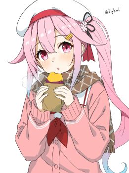 1girl absurdres bigkwl blue_hair brown_scarf cardigan commentary_request food gradient_hair hair_flaps harusame_(autumn)_(kancolle) harusame_(kancolle) hat highres kantai_collection long_hair multicolored_hair neckerchief pink_cardigan pink_hair plaid_clothes plaid_scarf red_eyes red_neckerchief sailor_collar scarf school_uniform serafuku side_ponytail simple_background solo sweet_potato upper_body white_background white_hat white_sailor_collar