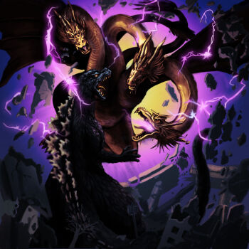 Rule 34 | 2boys, alien, animal focus, claws, destruction, dinosaur, dragon, dragon tail, dragon wings, electricity, electrokinesis, energy, epic, face-to-face, fighting, flying, ghidorah, the three-headed monster, giant, giant monster, godzilla, godzilla (series), horns, hydra, kaiju, king ghidorah, looking at another, monster, multiple boys, no humans, nyoruniru, sea monster, sharp teeth, simple background, smile, space monster, tail, teeth, toho, wings