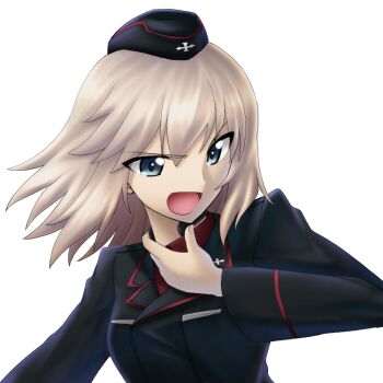 Rule 34 | 1girl, black jacket, blue eyes, commentary request, eyes visible through hair, girls und panzer, grey hair, hair between eyes, itsumi erika, jacket, kuromorimine military uniform, long hair, military, military jacket, military uniform, open mouth, red shirt, rhun, screaming, shirt, solo, throat microphone, transparent background, upper body