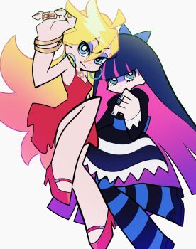 1girl 2girls blonde_hair blue_eyes blunt_bangs bow breasts cgtqrgttj927489 colored_inner_hair commentary_request dress earrings gothic_lolita hair_bow hair_ornament highres hoop_earrings jewelry large_breasts lightning_bolt lightning_bolt_hair_ornament lightning_bolt_symbol lolita_fashion long_hair looking_at_viewer multicolored_hair multiple_girls official_style panty_&amp;_stocking_with_garterbelt panty_&amp;_stocking_with_garterbelt_(style) panty_(psg) pink_hair purple_hair red_dress siblings sisters skirt smile solo stocking_(psg) striped_clothes striped_leggings striped_thighhighs thighhighs two-tone_hair