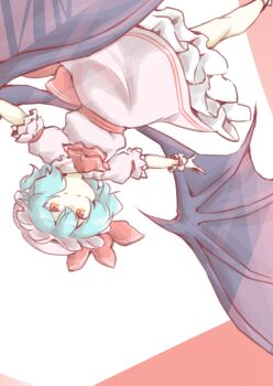 Rule 34 | 1girl, akara kai, ascot, bat wings, blue hair, commentary request, dress, feet out of frame, frilled dress, frilled headwear, frills, hat, hat ribbon, highres, mob cap, orange eyes, pink dress, pink hat, puffy short sleeves, puffy sleeves, red ascot, red eyes, remilia scarlet, ribbon, short hair, short sleeves, smile, solo, touhou, upside-down, wings