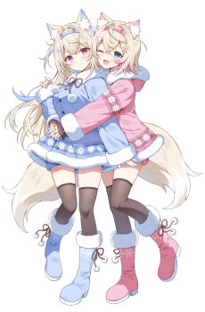 Rule 34 | 2girls, ;d, absurdres, animal ear fluff, animal ears, blonde hair, blue boots, blue eyes, blue hair, blue hairband, blue jacket, boots, breasts, brown thighhighs, closed mouth, commentary, dog ears, dog girl, dog tail, fake horns, fur-trimmed boots, fur-trimmed hood, fur-trimmed jacket, fur-trimmed sleeves, fur trim, fuwawa abyssgard, hairband, hand up, highres, hololive, hololive english, hood, hood down, hooded jacket, horns, hug, hug from behind, interlocked fingers, jacket, long hair, mauve, medium breasts, mococo abyssgard, multiple girls, one eye closed, open mouth, pink boots, pink eyes, pink hair, pink hairband, pink jacket, siblings, simple background, sisters, sketch, sleeves past wrists, smile, standing, standing on one leg, tail, thighhighs, thighhighs under boots, twins, two side up, very long hair, virtual youtuber, white background