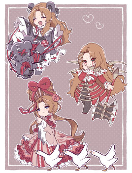 Rule 34 | 1girl, :d, animal ears, axe, bear claws, bear ears, bird, black sclera, blood, blue eyes, brown hair, closed eyes, closed mouth, coat, colored sclera, commentary request, dress, e.g.o (project moon), flower, frills, heart, hex nail (e.g.o), highres, holding, holding axe, indicant's trial (e.g.o), limbus company, long hair, long sleeves, marbornath, mask, masquerade mask, multiple views, nail (hardware), nail in head, open mouth, paw sleeves, pink dress, project moon, purple dress, red coat, red dress, red eyes, red yarn, rodion (project moon), rose, sanguine desire (e.g.o), shirt, smile, stitches, stuffed animal, stuffed toy, teddy bear