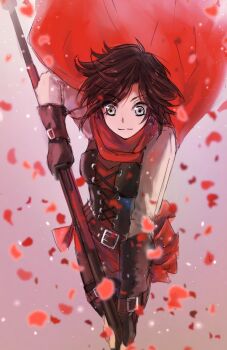 1girl afopy breasts cape gloves grey_eyes highres holding holding_weapon long_sleeves medium_breasts messy_hair petals red_cape red_hair rose_petals ruby_rose rwby short_hair tagme weapon