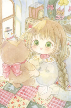 Rule 34 | 1girl, absurdres, braid, commentary request, green eyes, highres, holding, holding stuffed toy, indoors, long hair, looking at viewer, open mouth, original, painting (medium), sitting, smile, solo, stuffed animal, stuffed toy, tato (kunikida-3), teddy bear, traditional media, under covers, watercolor (medium)