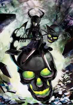 Rule 34 | 10s, 1girl, absurdres, black dress, black hair, black rock shooter, chain, crossed legs, curly hair, dead master, dress, female focus, glowing, glowing eyes, green eyes, head rest, highres, horns, long hair, looking at viewer, otaku (artist), scythe, sitting, sitting on object, skull, smirk, solo, wings