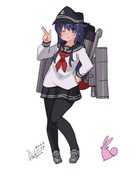 Rule 34 | 1girl, ;), absurdres, akatsuki (kancolle), anchor symbol, animal, black hat, black pantyhose, black sailor collar, black skirt, blue hair, closed mouth, commentary request, dated, flat cap, full body, grey shoes, hair between eyes, hand on own hip, hand up, hat, highres, index finger raised, inica, kantai collection, loafers, long hair, looking at viewer, neckerchief, one eye closed, pantyhose, pleated skirt, purple eyes, rabbit, red neckerchief, rigging, sailor collar, school uniform, serafuku, shoes, signature, simple background, skirt, smile, solo, very long hair, white background