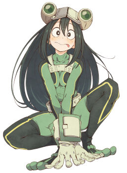 1girl asui_tsuyu asui_tsuyu_(hero_outfit) black_eyes black_hair bodysuit boku_no_hero_academia breasts closed_mouth eito12 eitopondo eyewear_on_head female_focus frog_girl full_body gloves goggles goggles_on_head green_bodysuit hand_rest highres long_hair looking_at_viewer medium_breasts simple_background solo squatting superhero_costume tongue tongue_out white_background white_gloves