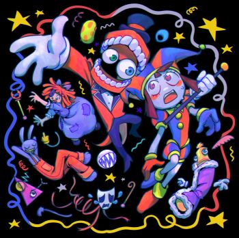 Rule 34 | 1other, 3boys, 3girls, absurdres, animal ears, asymmetrical gloves, black background, blue dress, blue eyes, blue gloves, blue hat, blue shoes, brown hair, bubble (the amazing digital circus), caine (the amazing digital circus), cane, chess piece, coat, commentary, crying, dress, english commentary, gangle (the amazing digital circus), gloves, goomyloid, green eyes, hat, heterochromia, highres, holding, holding cane, king (chess), kinger (the amazing digital circus), mismatched gloves, mismatched shoes, multicolored eyes, multiple boys, multiple girls, overalls, purple robe, rabbit boy, rabbit ears, red coat, red gloves, red hair, red hat, red overalls, red shoes, robe, shoes, star (symbol), tears, teeth, the amazing digital circus, two-tone eyes, two-tone hat, white gloves, zooble (the amazing digital circus)