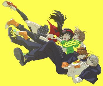 Rule 34 | 2boys, 2girls, :d, amagi yukiko, antenna hair, aqua shirt, aqua shoes, belt, black hair, black jacket, black pants, black sailor collar, black shoes, black skirt, black socks, blunt bangs, blush, bracelet, brown eyes, brown hair, closed eyes, closed mouth, crop top, cropped jacket, curtained hair, dress shirt, falling, fingerless gloves, floating clothes, floating hair, full body, gloves, grabbing another's hand, grabbing another's shirt, green jacket, grey eyes, grey hair, grey skirt, hanamura yousuke, hand on another's head, headphones, highres, jacket, jewelry, knee up, kneehighs, long hair, looking at another, midriff, multicolored jacket, multicolored shoes, multiple boys, multiple girls, narukami yu, neckerchief, open clothes, open jacket, open mouth, orange gloves, orange shoes, pants, persona, persona 4, persona 4: dancing all night, persona dancing, pleated skirt, red shirt, red shoes, sailor collar, sakizome, satonaka chie, school uniform, shirt, shoes, short hair, simple background, skirt, sleeves rolled up, smile, socks, sweatdrop, teeth, two-tone jacket, two-tone shoes, two-tone skirt, upper teeth only, white shirt, white shoes, wispy bangs, yasogami school uniform, yellow background, yellow neckerchief