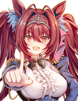 1girl animal_ears black_bow blue_jacket blush bow breasts brown_hair center_frills commentary_request daiwa_scarlet_(peak_blue)_(umamusume) daiwa_scarlet_(umamusume) epaulettes fang framed_breasts frills hair_intakes highres horse_ears horse_girl jacket large_breasts long_hair long_sleeves looking_at_viewer open_mouth outstretched_arm reaching reaching_towards_viewer red_eyes shirt smile solo tiara twintails umamusume upper_body very_long_hair white_shirt zbobo