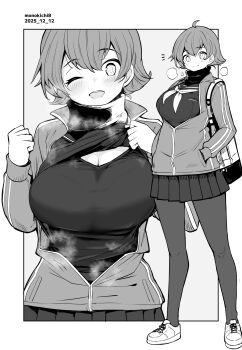 1girl artist_name breasts closed_mouth commentary_request dated grey_background greyscale highres jacket kichihachi large_breasts looking_at_viewer monochrome multiple_views one_eye_closed open_mouth original short_hair smile standing track_jacket two-tone_background white_background