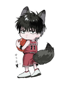 1boy :< a_nzi_end animal_ears ball basketball_(object) basketball_uniform black_eyes black_hair chibi chibi_only commentary_request eyelashes full_body highres holding holding_ball kemonomimi_mode looking_at_viewer male_focus red_shorts red_tank_top rukawa_kaede shoes short_hair shorts simple_background slam_dunk_(series) solo sportswear tail tank_top translation_request white_background white_shoes wolf_ears wolf_tail wristband