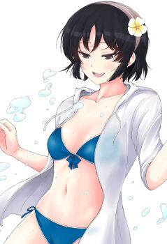 Rule 34 | 1girl, bikini, black eyes, black hair, blue bikini, breasts, brown hairband, collarbone, commentary request, cover image, flower, front-tie bikini top, front-tie top, hair flower, hair ornament, hairband, highres, jacket, kujou meika, looking down, meika-san wa oshikorosenai, navel, open clothes, open jacket, open mouth, saitou shouki, short hair, side-tie bikini bottom, simple background, small breasts, smile, solo, stomach, swimsuit, swimsuit cover-up, teeth, upper body, upper teeth only, water drop, white background, white flower