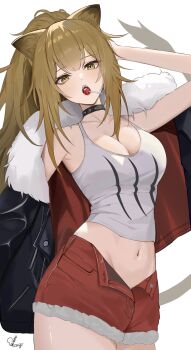 Rule 34 | 1girl, absurdres, animal ear fluff, animal ears, arknights, arm behind head, arm up, black choker, black jacket, blonde hair, breasts, choker, cleavage, collarbone, commentary request, cowboy shot, fur-trimmed jacket, fur-trimmed shorts, fur trim, highres, jacket, lion ears, lion girl, lion tail, lollipop in mouth, looking at viewer, medium breasts, midriff, navel, open clothes, open fly, open jacket, open mouth, ponytail, red shorts, shorts, sidelocks, siege (arknights), signature, simple background, solo, standing, tail, tank top, teeth, tumugi sunohara, upper teeth only, white background, white tank top, yellow eyes