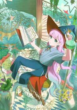 1girl absurdres akibare_(mmpv2224) blue_hat blue_shirt blue_skirt book closed_mouth collared_shirt commentary_request flask full_body gradient_hair green_eyes green_hair hat high_heels highres holding holding_book holding_flask long_hair long_skirt looking_at_viewer multicolored_hair open_book original pink_hair round-bottom_flask shirt shoes short_sleeves sitting skirt smile solo stairs two-tone_hair white_shoes witch witch_hat