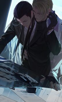 2boys absurdres arm_around_waist bindi black_gloves black_hair black_jacket black_necktie black_suit blonde_hair blue_eyes closed_eyes coat collared_shirt earrings final_fantasy final_fantasy_vii final_fantasy_vii_remake fingerless_gloves formal_clothes gloves hair_pulled_back half-closed_eyes hand_on_another's_stomach highres holding holding_phone ink inkwell jacket jewelry long_hair multiple_boys necktie phone rufus_shinra shirt short_hair shou_rou sidelocks spill square_enix suit suit_jacket swept_bangs tseng upper_body white_coat white_shirt yaoi