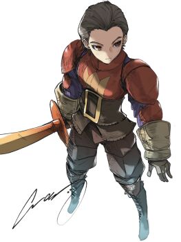 1boy armor black_boots black_hair boots brown_eyes closed_mouth crazy02oekaki delita_heiral final_fantasy final_fantasy_tactics from_above full_body gloves grey_gloves hair_slicked_back highres holding holding_sword holding_weapon male_focus shoulder_armor signature solo sword vambraces weapon white_background wide_belt