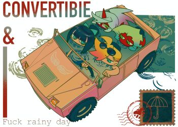 1boy 4girls blonde_hair blue_eyes blue_hair car commentary_request green_eyes green_hair guru.zong highres kneesocks_(psg) looking_at_another motor_vehicle multiple_girls panty_&amp;_stocking_with_garterbelt panty_(psg) purple_hair scanty_(psg) sitting stocking_(psg)