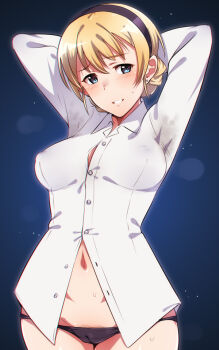 Rule 34 | 1girl, arms behind head, black hairband, black panties, blonde hair, blue eyes, blush, braid, breasts, buttons, cameltoe, commentary request, covered erect nipples, cowboy shot, dress shirt, earrings, em (totsuzen no hakike), female pubic hair, hairband, jewelry, large breasts, looking at viewer, lowleg, lowleg panties, nape braid, navel, night, no pants, noble witches, outdoors, panties, partially unbuttoned, pubic hair, pubic hair peek, rosalie de hemricourt de grunne, shirt, short hair, smile, solo, steam, stud earrings, sweat, underwear, white shirt, world witches series