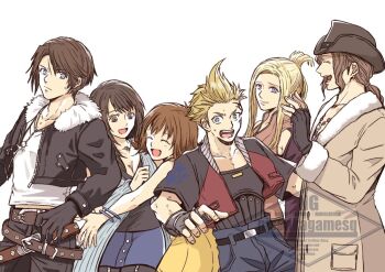 Rule 34 | 3boys, 3girls, belt, belt buckle, black gloves, black hair, black jacket, black shirt, blonde hair, blue cardigan, blue eyes, blue skirt, breasts, brown coat, brown hair, buckle, cardigan, cleavage, closed eyes, coat, commentary request, cowboy hat, facial tattoo, final fantasy, final fantasy viii, fingerless gloves, from side, fur-trimmed jacket, fur trim, gloves, hat, irvine kinneas, jacket, jewelry, long hair, multiple boys, multiple girls, necklace, nisankagamesq, open clothes, open jacket, open mouth, profile, quistis trepe, rinoa heartilly, scar, scar on face, scar on forehead, selphie tilmitt, shirt, skirt, sleeveless, sleeveless shirt, smile, squall leonhart, sweatdrop, tattoo, white background, white shirt, zell dincht