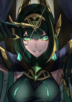 1girl armpits breasts genshin_impact gloves green_eyes green_hair grin hair_between_eyes hair_ornament headgear headpiece highres large_breasts looking_at_viewer medium_hair mole mole_under_eye nefer_(genshin_impact) short_hair smile solo teeth upper_body user_yerf5583