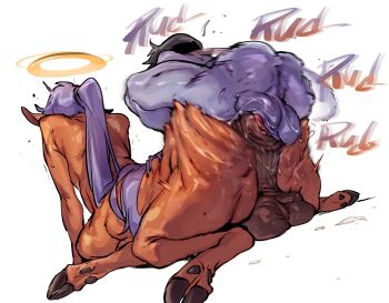 2boys anal anus centaur colored_skin deep_penetration demon demon_boy doppel_(bonnypir) grabbing_from_behind huge_penis huge_testicles long_hair looking_back male_focus multiple_boys original penis pointy_ears ponytail purple_hair purple_skin sex sex_from_behind simple_background size_difference taur testicles white_background yaoi
