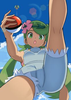 1girl :o breasts cloud commentary day flower from_below gen_7_pokemon green_eyes green_hair green_headband grey_overalls hair_flower hair_ornament headband highres holding holding_poke_ball kneepits legendary_pokemon long_hair looking_at_viewer looking_down mallow_(pokemon) nintendo outdoors overalls poke_ball poke_ball_(basic) pokemon pokemon_(creature) pokemon_sm qdhtn0flcv994 sky tapu_koko twintails