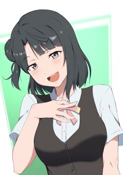 1girl absurdres alternate_hairstyle black_hair blush grey_eyes half-closed_eyes hand_on_own_chest highres looking_at_viewer love_live! love_live!_nijigasaki_high_school_idol_club medium_hair nijigasaki_school_uniform open_mouth role_reversal school_uniform smile uehara_ayumu upper_body yuki_setsuna zasshoku_ojisan