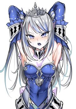 Rule 34 | 1girl, angry, armpit crease, armpit focus, armpits, arms up, blue dress, blue eyes, blue mouth, blush, covered navel, detached sleeves, dress, duel monster, grey hair, highres, lock, long hair, looking at viewer, padlock, siren (mythology), solo, strapless, strapless dress, synchroman, tearlaments scheiren, tiara, torso, white background, yu-gi-oh!