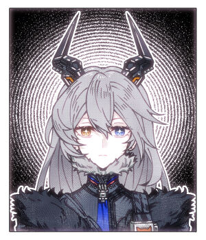 Rule 34 | + +, 1girl, black coat, black fur, black horns, chinese commentary, closed mouth, coat, commentary request, ear piercing, expressionless, fur-trimmed coat, fur trim, grey fur, grey hair, hair between eyes, heterochromia, highres, horns, long hair, long horns, looking at viewer, piercing, solo, standing, succii-sunbringer, sunbringer (zenless zone zero), upper body, wavy hair, zenless zone zero