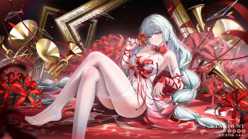 1girl alternate_costume bare_shoulders breasts chinese_commentary commentary_request covered_navel dress earrings flower glass_shards grey_eyes grey_hair heterochromia highres jewelry large_breasts long_hair looking_at_viewer multicolored_hair no_shoes parted_lips phrolova_(wuthering_waves) red_eyes solo spider_lily stardust_(chen'ai_weiding) streaked_hair tacet_mark_(wuthering_waves) thighhighs thighs very_long_hair white_dress white_thighhighs wuthering_waves